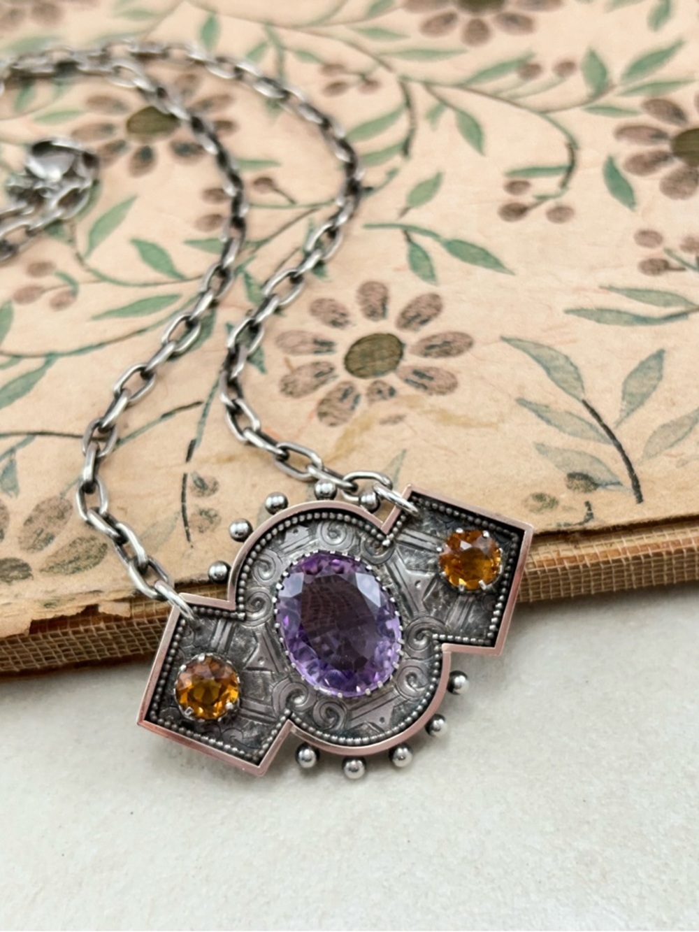 Antique Victorian Sterling Amethyst Citrine Bow Necklace